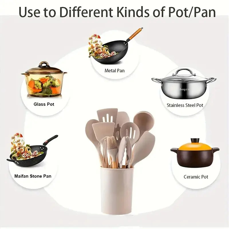 12Pc Silicone Utensil Set –Cooking Supply ，Dishwasher & High Heat – Multifunction Turner, Ladle, Pasta Fork – Everyday Kitchen Essentials for Families – No Scratches, No Melting。
