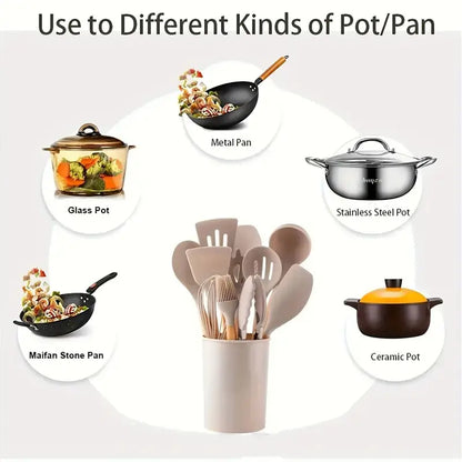 12Pc Silicone Utensil Set –Cooking Supply ，Dishwasher & High Heat – Multifunction Turner, Ladle, Pasta Fork – Everyday Kitchen Essentials for Families – No Scratches, No Melting。