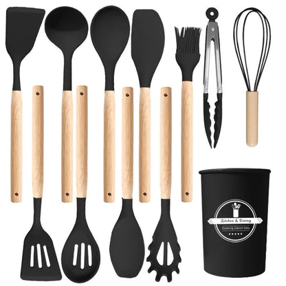 12Pc Silicone Utensil Set –Cooking Supply ，Dishwasher & High Heat – Multifunction Turner, Ladle, Pasta Fork – Everyday Kitchen Essentials for Families – No Scratches, No Melting。