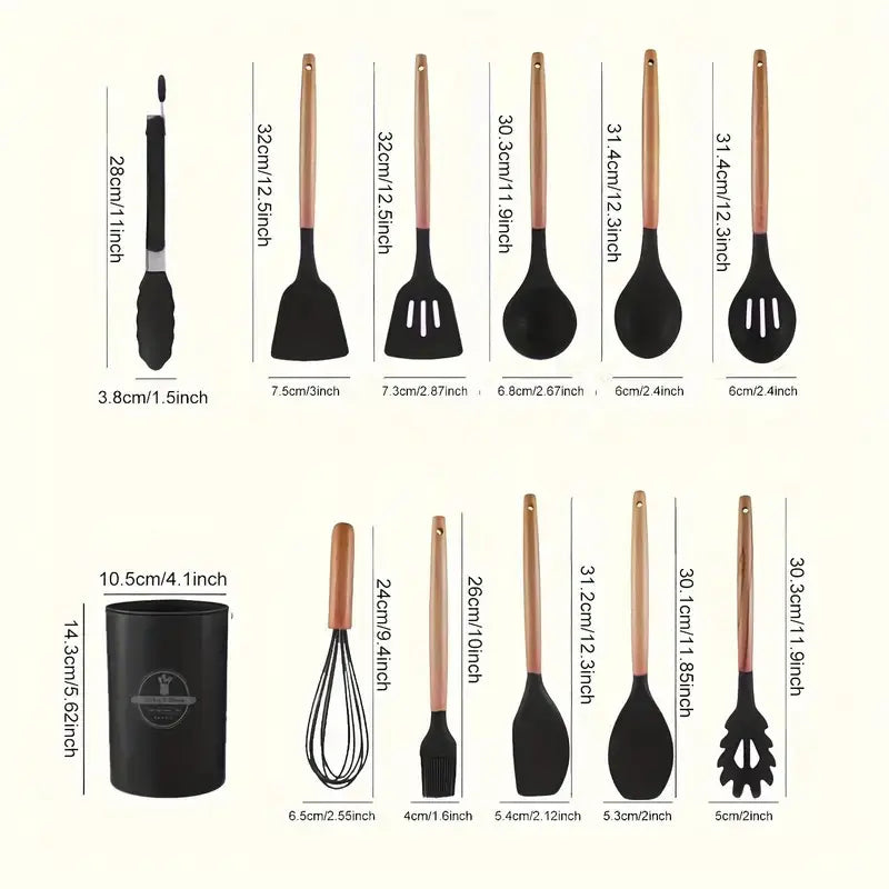 12Pc Silicone Utensil Set –Cooking Supply ，Dishwasher & High Heat – Multifunction Turner, Ladle, Pasta Fork – Everyday Kitchen Essentials for Families – No Scratches, No Melting。