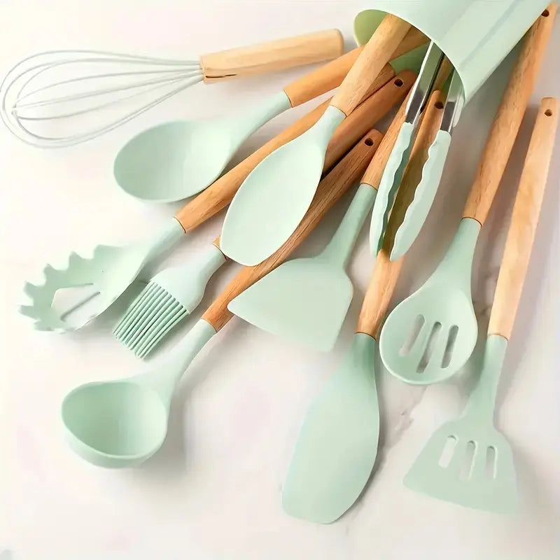 12Pc Silicone Utensil Set –Cooking Supply ，Dishwasher & High Heat – Multifunction Turner, Ladle, Pasta Fork – Everyday Kitchen Essentials for Families – No Scratches, No Melting。