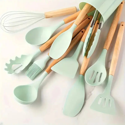 12Pc Silicone Utensil Set –Cooking Supply ，Dishwasher & High Heat – Multifunction Turner, Ladle, Pasta Fork – Everyday Kitchen Essentials for Families – No Scratches, No Melting。