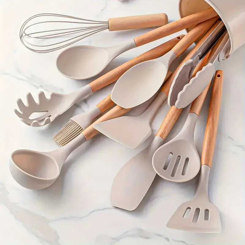 12Pc Silicone Utensil Set –Cooking Supply ，Dishwasher & High Heat – Multifunction Turner, Ladle, Pasta Fork – Everyday Kitchen Essentials for Families – No Scratches, No Melting。