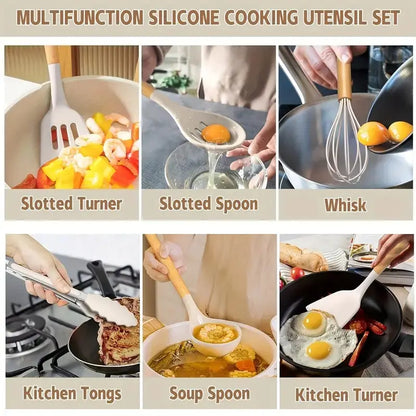 12Pc Silicone Utensil Set –Cooking Supply ，Dishwasher & High Heat – Multifunction Turner, Ladle, Pasta Fork – Everyday Kitchen Essentials for Families – No Scratches, No Melting。