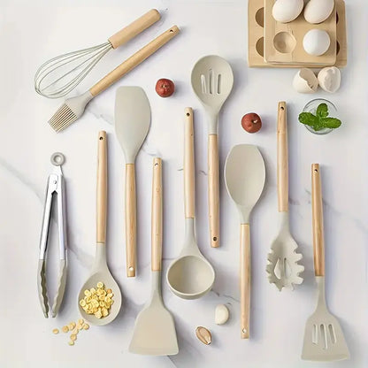 12Pc Silicone Utensil Set –Cooking Supply ，Dishwasher & High Heat – Multifunction Turner, Ladle, Pasta Fork – Everyday Kitchen Essentials for Families – No Scratches, No Melting。